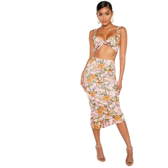 PrettyLittleThing Dresses & Skirts - Prettylittlething Bralet & Pink Scuba Frill Hem Midi Skirt SET SZ 6 & 4